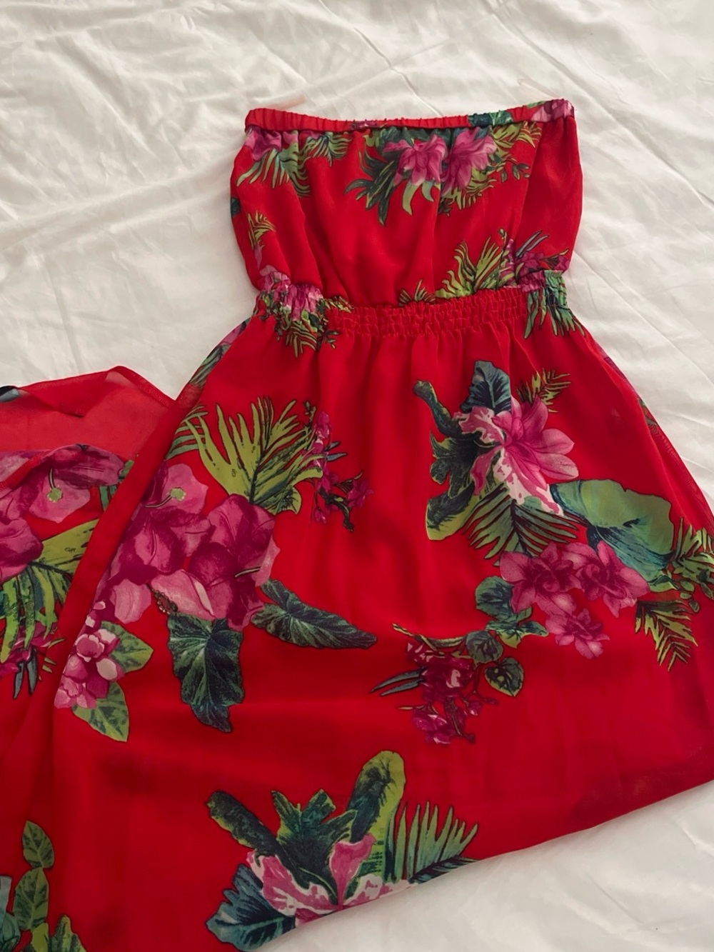 Red Tropical Strapless Maxi Dress with Floral Print